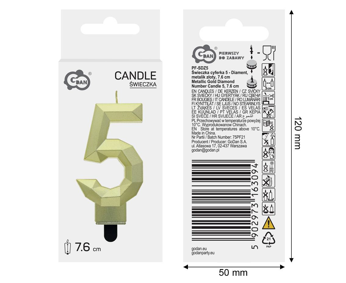 Digit candle 5 - Diamond , metallic gold, 7.6 cm